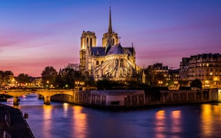 Картинка ночь, париж, огни, нотр-дам, франция, собор парижской богоматери, город