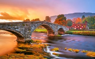 Картинка трава, река, горы, деревня, мост, коттедж, уэльс, природа, осень