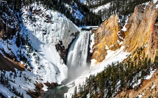 Картинка горы, снег, водопад, йеллоустон, национальный парк, йеллоустонский национальный парк, зима, сша, природа