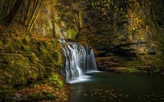 Картинка река, листья, природа, водопад, осень