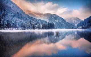 Картинка озеро, лес, природа, горы, зима