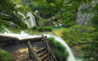 Картинка деревья, водопад, река, plitvice lakes national park, хорватии, пейзаж