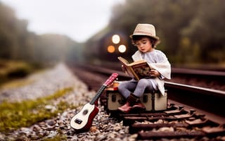 Картинка дорога, книга, рельсы, гитара, ребенок, поезд, шляпа, lilia alvarado, чемодан, мальчик