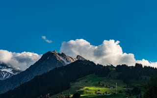 Картинка небо, облака, природа, швейцария, пейзаж, горы, деревья