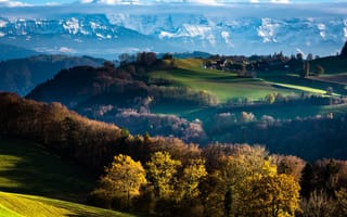 Картинка облака, швейцария, горы, берн, деревья, осень