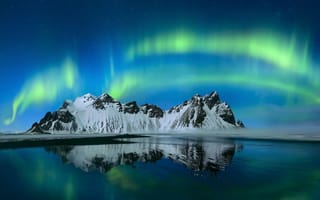 Картинка небо, горы, ночь, стокснес, исландия, северное сияние