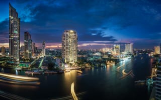 Обои река, здания, бангкок, небоскребы, ночной город, таиланд