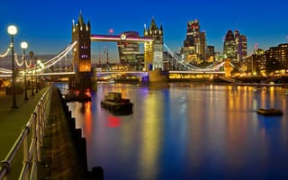 Картинка ночь, лондон, река, тауэрский мост, англия, темза, огни