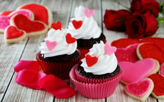 Картинка розы, кексы, выпечка, крем, сердца, глазурь, десерт, сладкое, день святого валентина, любовь, печенье