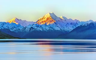 Картинка небо, aoraki mount cook, свет, восход, новая зеландия, горы, new zeland, снег, озеро