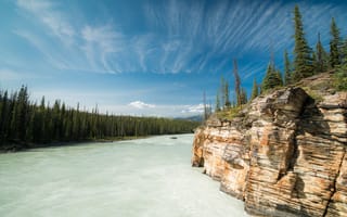 Картинка река, канада, провинция альберта, река боу, альберта, скала, bow river, лес