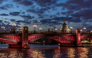 Обои облака, лондон, мост, темза, собор святого павла, англия, река, огни