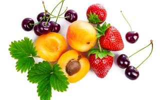 Картинка листья, вишня, белый, абрикосы, крупным планом, клубника, ягода, фрукты