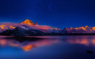 Картинка небо, озеро, звезды, туман, закат, отражение
