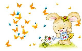 Картинка арт, детская, бабочка, ягодка, лейка, рисунок, бабочки, зайчик, зайка