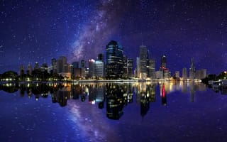 Картинка ночь, квинсленд, отражение, млечный путь, огни, город, звезды, брисбен, австралия