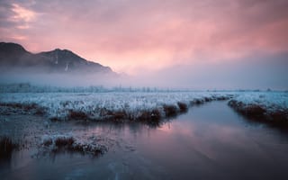 Картинка река, природа, закат, пейзаж, горы, зима