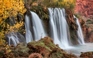 Картинка река, природа, ветки, листья, скалы, водопад, michael wilson, осень