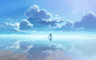 Картинка небо, вода, облака, отражение, велосипедист, графика, вектор