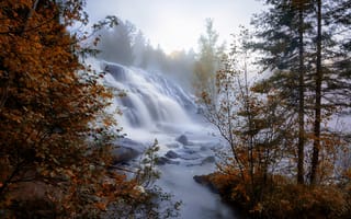Картинка деревья, река, туман, природа, водопад, осень, вода