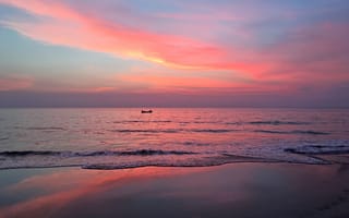 Картинка закат, море, пляж, лодка