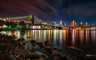 Картинка ночь, нью-йорк, мост, сша, город, огни, бруклинский мост