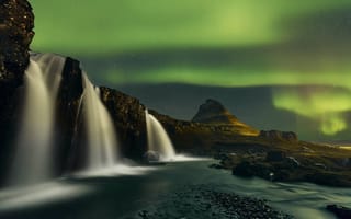 Картинка река, водопад, северное сияние, горы, etienne ruff, исландия, природа
