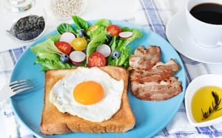 Картинка зелень, яичница, бутерброд, тарелка, кофе, яйцо, хлеб, помидоры, овощи, салат, бекон