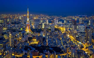 Картинка ночь, панорама, башня, токио, япония, огни