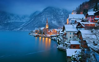 Картинка озеро, хальштадт, горы, австрия, город, зима