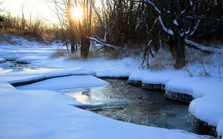 Картинка деревья, река, снег, природа, зима