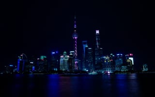 Картинка ночь, город, китай, шанхай, небоскребы, огни