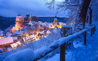 Картинка ночь, город, rico richter, зима, огни, германия, швейцария, хонштайн, снег