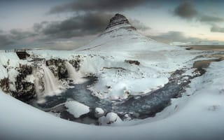 Картинка облака, зима, гора, снег, исландия, река