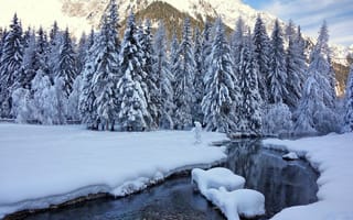 Картинка деревья, снег, природа, горы, зима, река