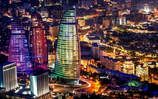Картинка огни, азербайджан, город, небоскребы, баку, панорама, столица, мегаполис