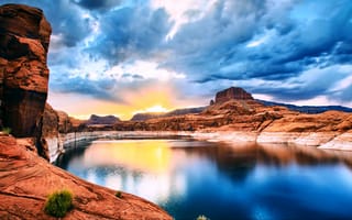 Картинка вода, озеро, каньон, камни, восход