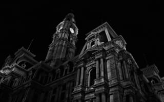 Картинка ночь, архитектура, пенсильвания, черно-белая, часовня, филадельфия