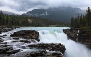 Картинка река, горы, лес, водопад, национальный парк джаспер, провинция альберта, канада
