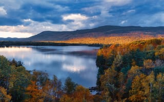 Картинка озеро, горы, лес, осень, штат мэн