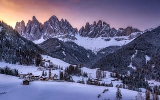 Картинка небо, горы, италия, ландшафт, снег, зима, деревни, санта маддалена