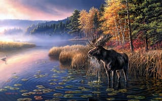 Картинка арт, озеро, цапля, лось, осень, рассвет, птицы, туман