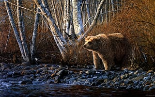 Картинка арт, берег, осень, речка, медведь