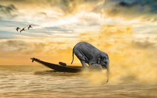 Картинка море, слон, водоем, лодка, чайки, рендеринг