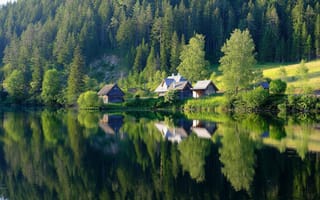 Картинка озеро, лес, отражение, домики, дома, водоем