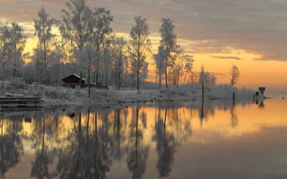 Картинка деревья, река, снег, швеция, закат солнца, зима