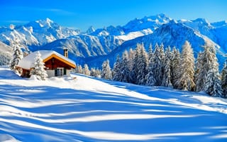 Картинка зима, зимние, время года, сезоны, сезонные, гора, природа, ель, елка, дом