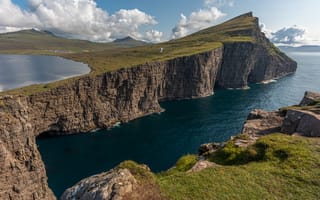 Картинка озеро, природа, lake sørvágsvatn, дания, фарерские острова, мох, скала