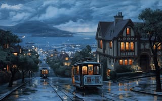 Картинка рисунок, море, после дождя, дома, трамвай, город, горы