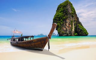 Картинка скала, тропики, пляж, таиланд, лодка